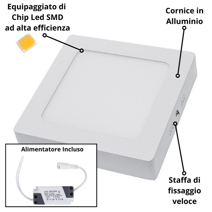 Plafoniera led soffitto 18watt slim quadra alimentatore incluso 4500k pezzi 3