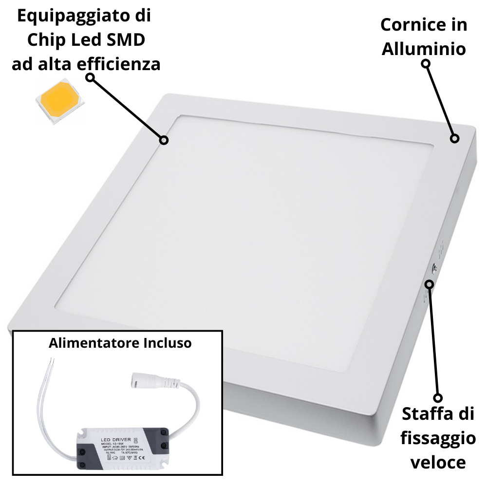 Plafoniera led soffitto 24watt slim quadra alimentatore incluso 4500k pezzi 3