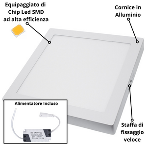 Plafoniera led soffitto 24watt slim quadra alimentatore incluso 4500k pezzi 3