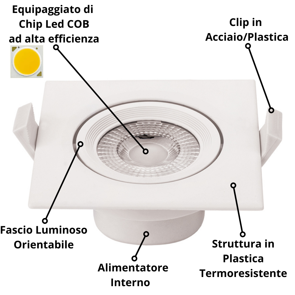 Faretto led incasso orientabile quadro soffitto 7w driver incluso 4500k pezzi 3