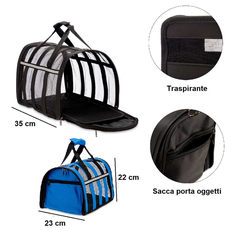 Trasportino Animali Idrorepellente Traspirante Maniglia Tracolla 23x35 H22cm Blu