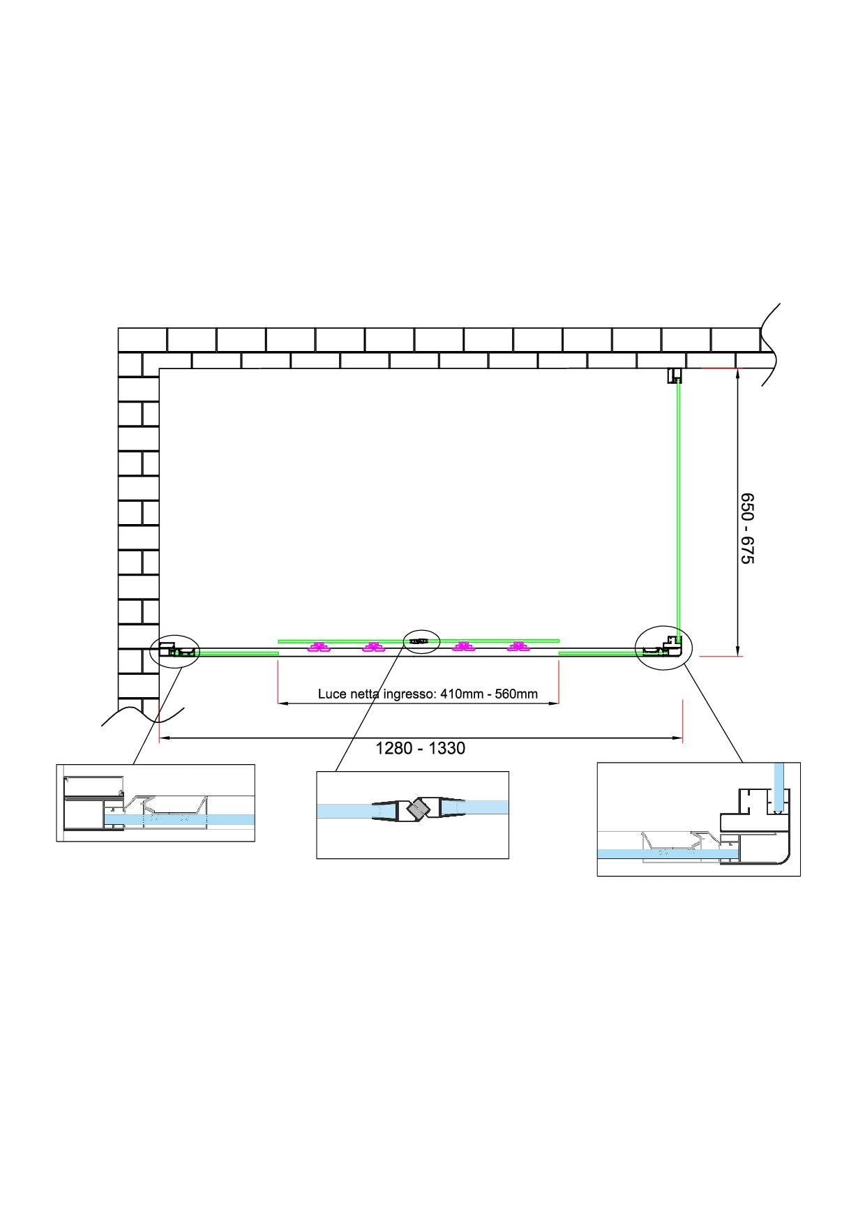 Box doccia 6 mm H 190 parete fissa e porta a 4 ante con apertura centrale MISURA 65-67,5 ANTA FISSA + PORTA 128-133