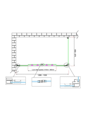 Box doccia 6 mm H 190 parete fissa e porta a 4 ante con apertura centrale MISURA 65-67,5 ANTA FISSA + PORTA 128-133