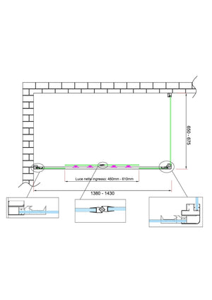 Box doccia 6 mm H 190 parete fissa e porta a 4 ante con apertura centrale MISURA 65-67,5 ANTA FISSA + PORTA 138-143 