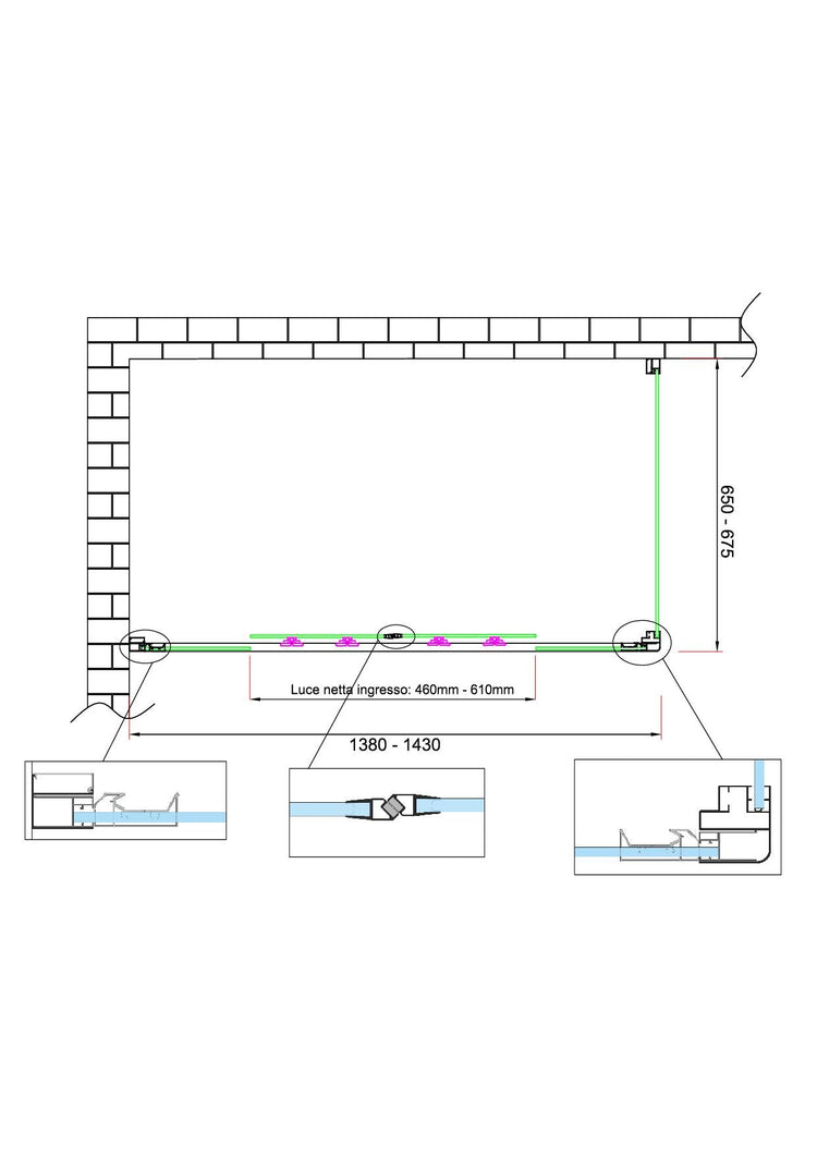 Box doccia 6 mm H 190 parete fissa e porta a 4 ante con apertura centrale MISURA 65-67,5 ANTA FISSA + PORTA 138-143 