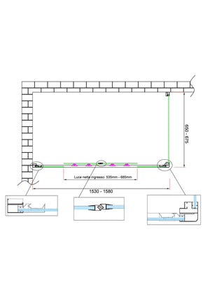 Box doccia 6 mm H 190 parete fissa e porta a 4 ante con apertura centrale MISURA 65-67,5 ANTA FISSA + PORTA 153-158 