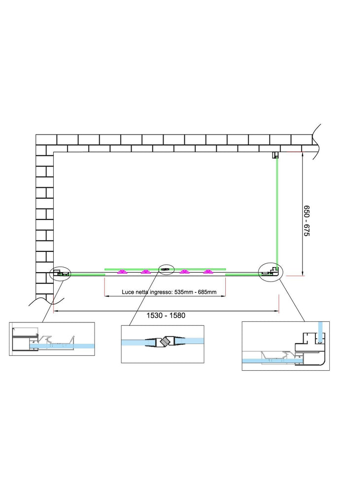 Box doccia 6 mm H 190 parete fissa e porta a 4 ante con apertura centrale MISURA 65-67,5 ANTA FISSA + PORTA 153-158 