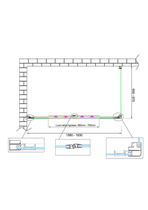 Box doccia 6 mm H 190 parete fissa e porta a 4 ante con apertura centrale MISURA 65-67,5 ANTA FISSA + PORTA 158-163 