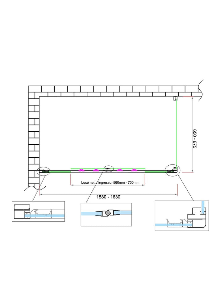 Box doccia 6 mm H 190 parete fissa e porta a 4 ante con apertura centrale MISURA 65-67,5 ANTA FISSA + PORTA 158-163 