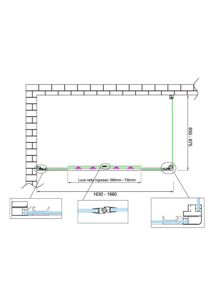 Box doccia 6 mm H 190 parete fissa e porta a 4 ante con apertura centrale MISURA 65-67,5 ANTA FISSA + PORTA 163-168 