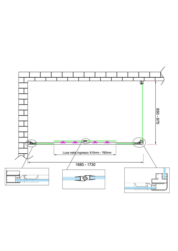 Box doccia 6 mm H 190 parete fissa e porta a 4 ante con apertura centrale MISURA 65-67,5 ANTA FISSA + PORTA 168-173 