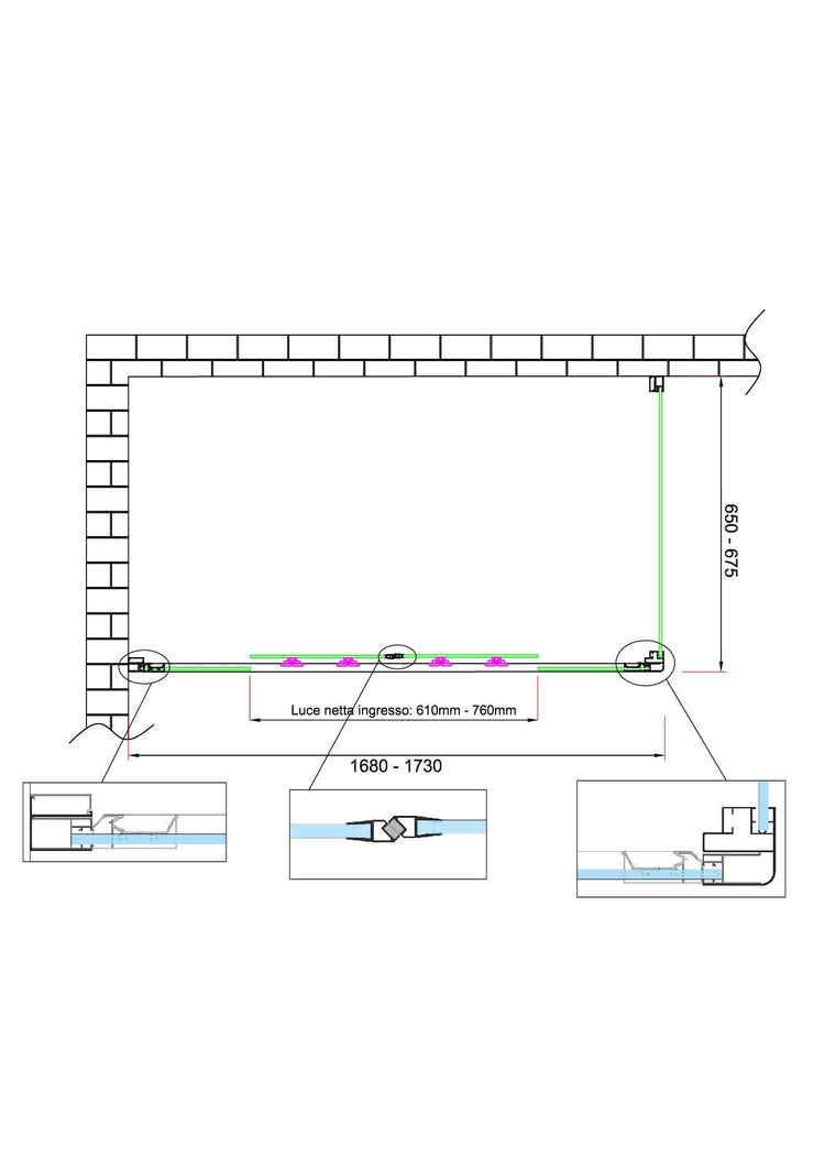 Box doccia 6 mm H 190 parete fissa e porta a 4 ante con apertura centrale MISURA 65-67,5 ANTA FISSA + PORTA 168-173 