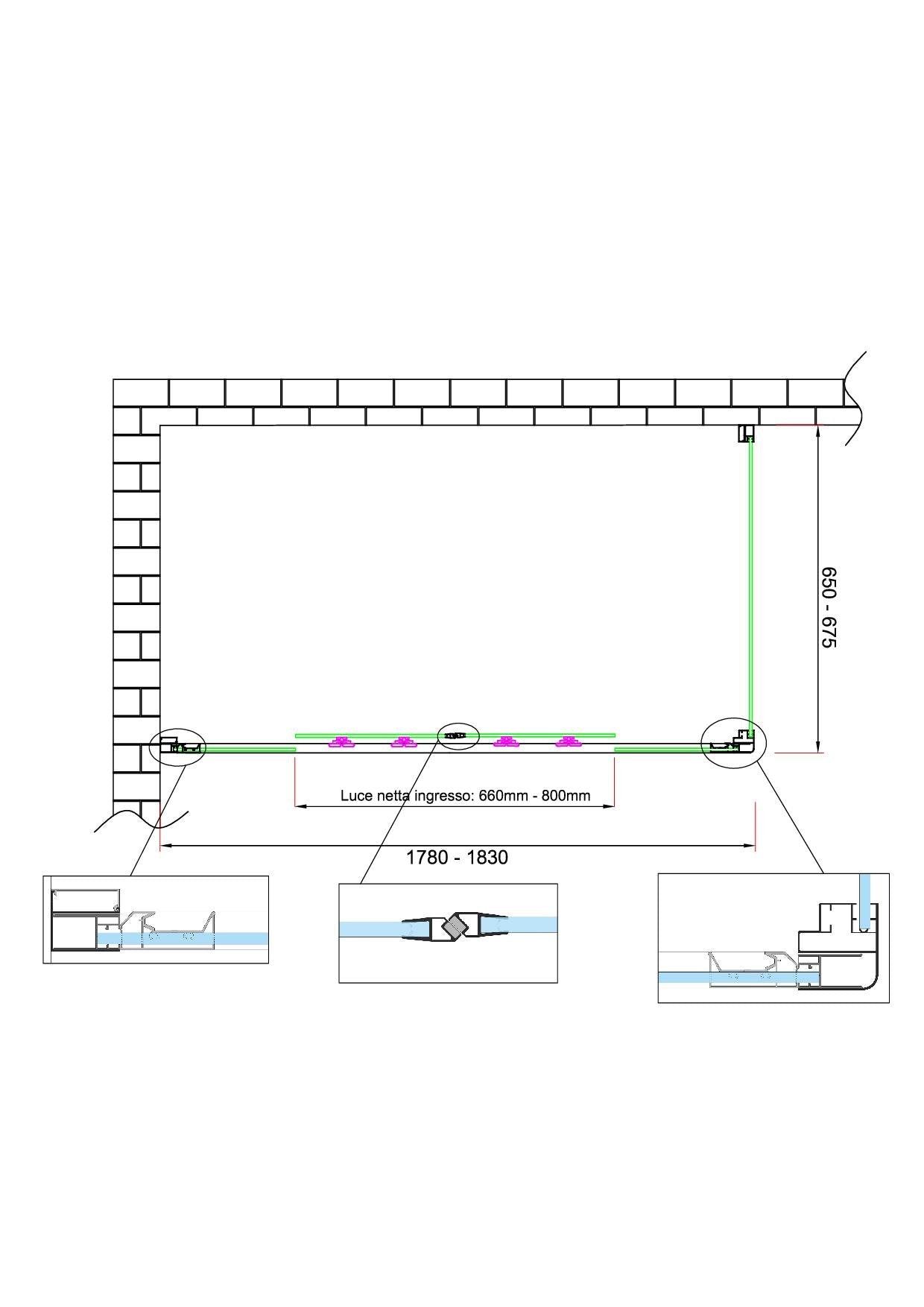 Box doccia 6 mm H 190 parete fissa e porta a 4 ante con apertura centrale MISURA 65-67,5 ANTA FISSA + PORTA 178-183 