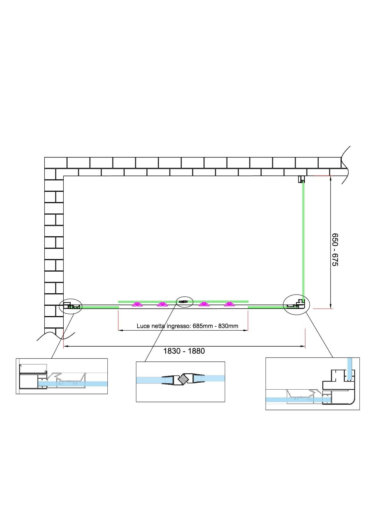 Box doccia 6 mm H 190 parete fissa e porta a 4 ante con apertura centrale MISURA 65-67,5 ANTA FISSA + PORTA 183-188 