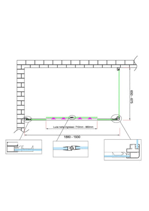 Box doccia 6 mm H 190 parete fissa e porta a 4 ante con apertura centrale MISURA 65-67,5 ANTA FISSA + PORTA 188-193 