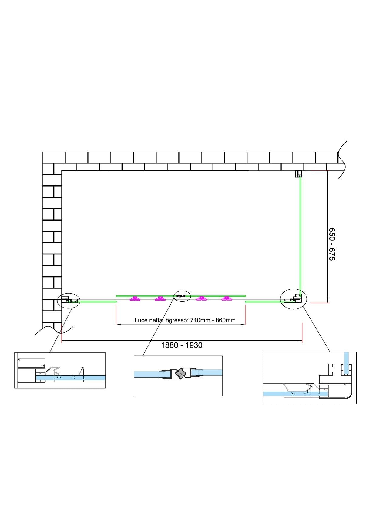 Box doccia 6 mm H 190 parete fissa e porta a 4 ante con apertura centrale MISURA 65-67,5 ANTA FISSA + PORTA 188-193 