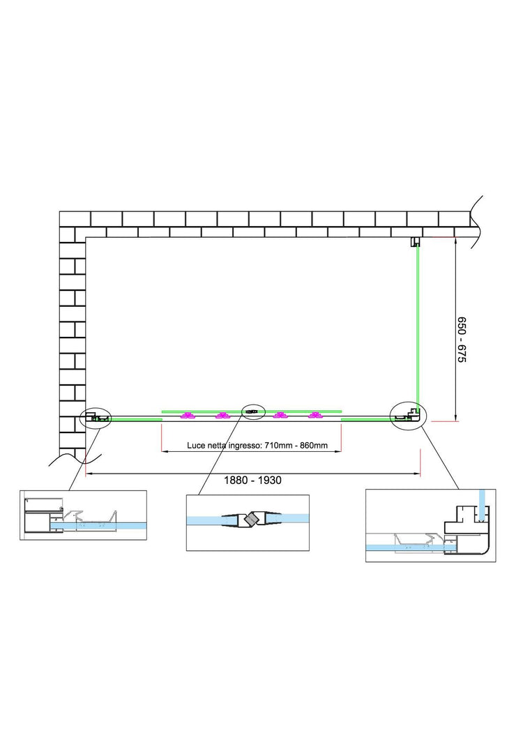 Box doccia 6 mm H 190 parete fissa e porta a 4 ante con apertura centrale MISURA 65-67,5 ANTA FISSA + PORTA 188-193 