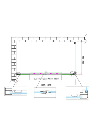 Box doccia 6 mm H 190 parete fissa e porta a 4 ante con apertura centrale MISURA 65-67,5 ANTA FISSA + PORTA 193-198 