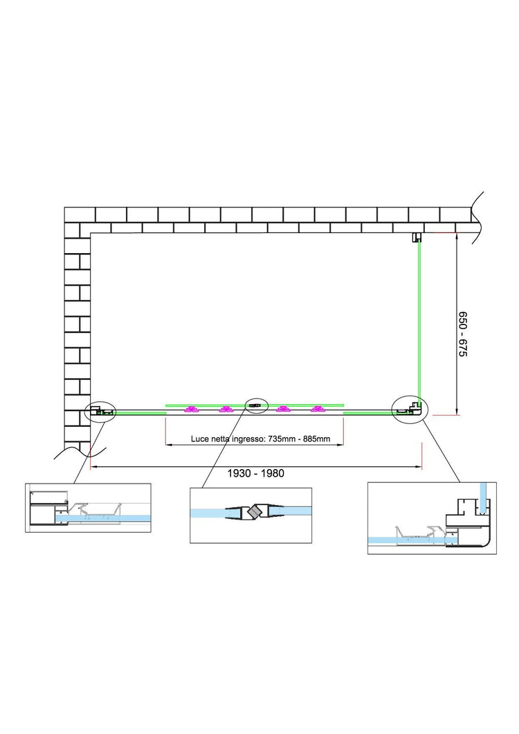 Box doccia 6 mm H 190 parete fissa e porta a 4 ante con apertura centrale MISURA 65-67,5 ANTA FISSA + PORTA 193-198 