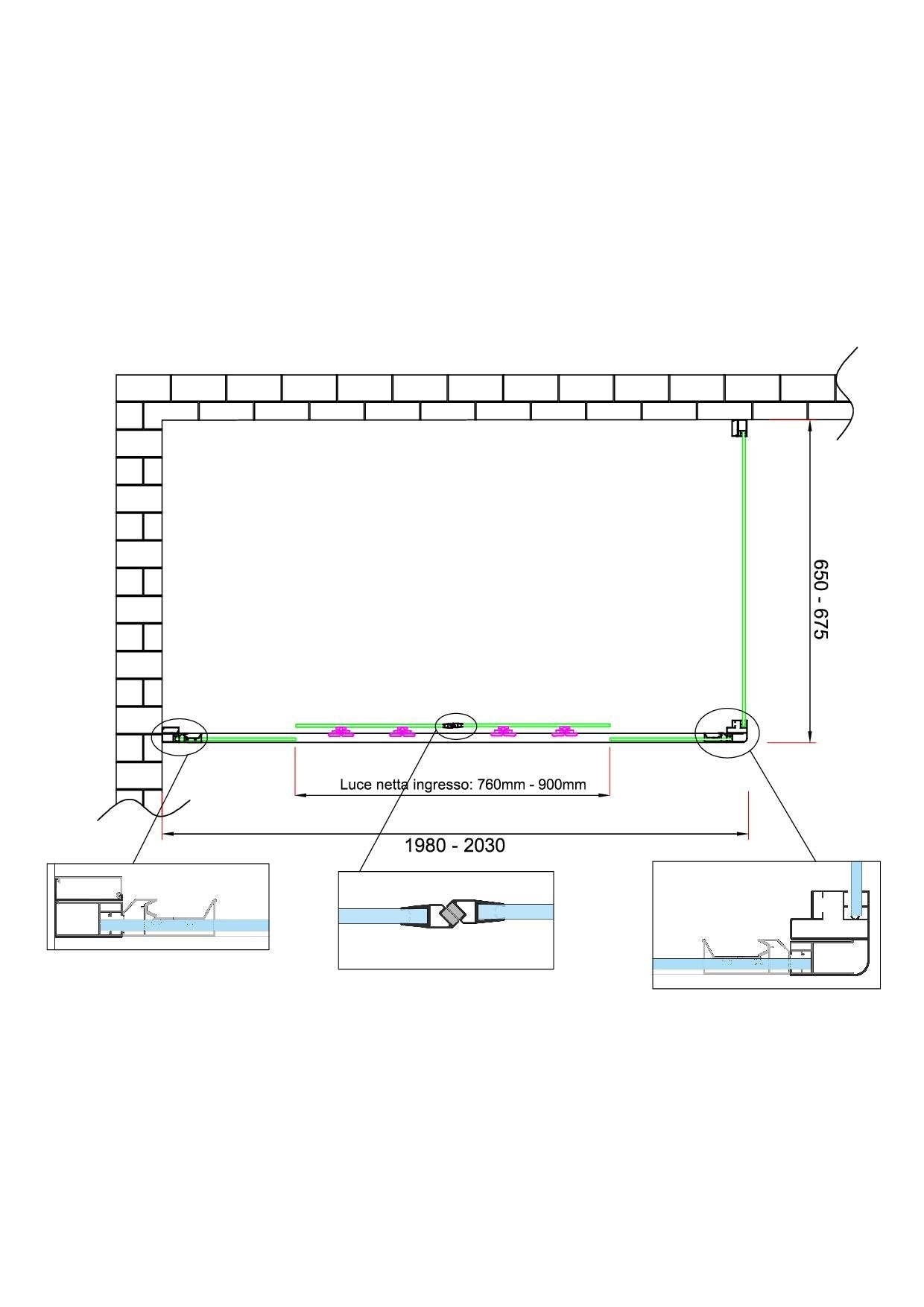 Box doccia 6 mm H 190 parete fissa e porta a 4 ante con apertura centrale MISURA 65-67,5 ANTA FISSA + PORTA 198-203 