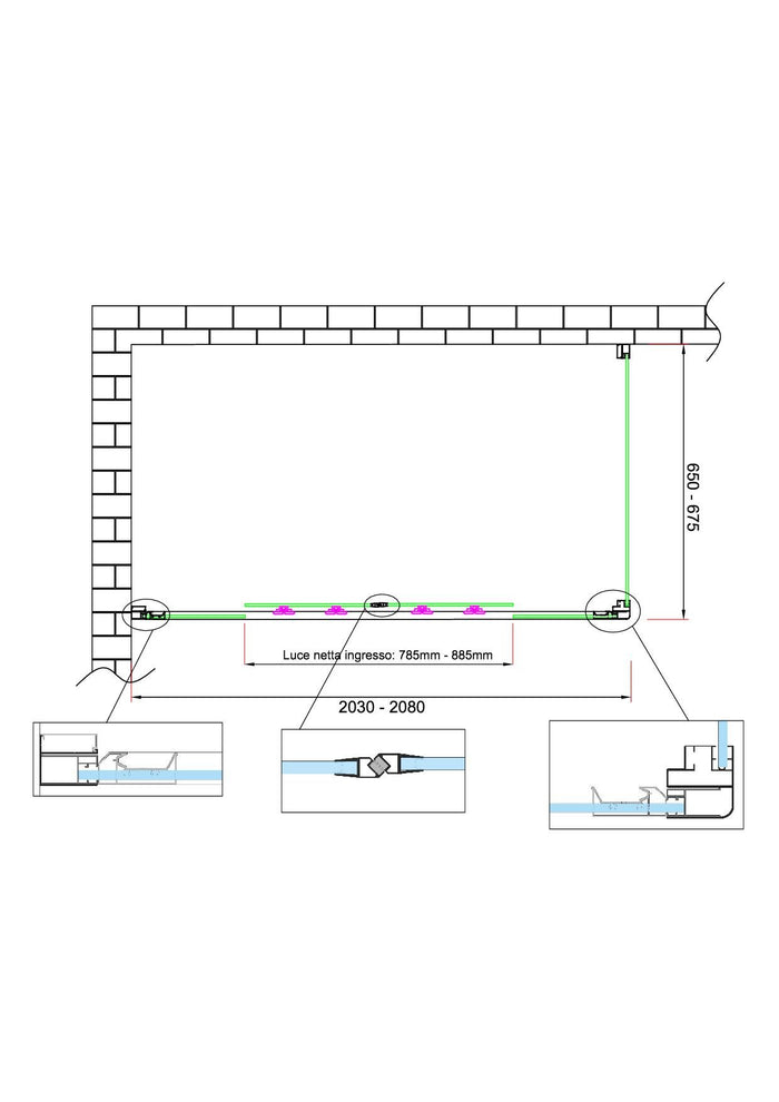 Box doccia 6 mm H 190 parete fissa e porta a 4 ante con apertura centrale MISURA 65-67,5 ANTA FISSA + PORTA 203-208 