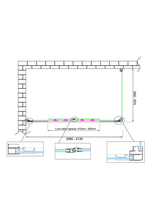 Box doccia 6 mm H 190 parete fissa e porta a 4 ante con apertura centrale MISURA 65-67,5 ANTA FISSA + PORTA 208-213 