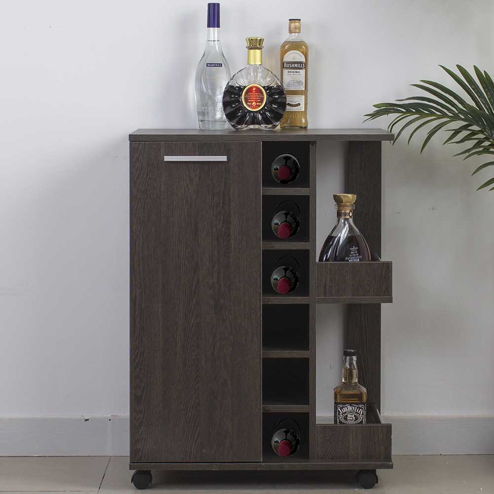 Mobiletto Bar Porta Bottiglie Vino Legno Mdf 6Posti 1Anta 2 Ripiani Marrone