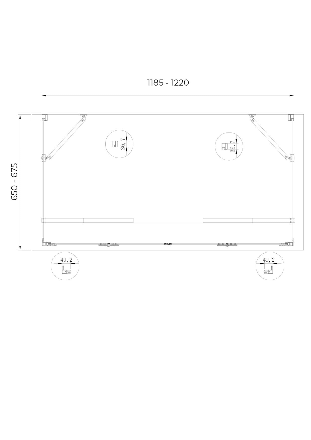 Box doccia a 3 lati con ingresso libero apertura centrale totale a libro pieghevole e due pareti laterali 65-67,5 Fisse + Porta 118,5-122