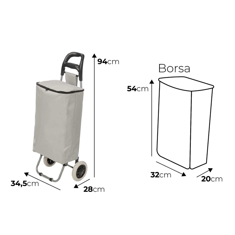 Carrello Porta Spesa con Borsa Termico 32lt Max Peso 25kg Chiusura Ermetica Grigio