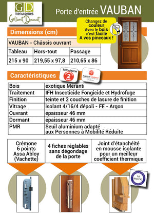 Porta d'ingresso in legno smaltato, Vauban, H.200xl.80 p.sinistra + Maniglia E Botte (rif. 010403RFP) Tabella Dimensioni senza maniglia