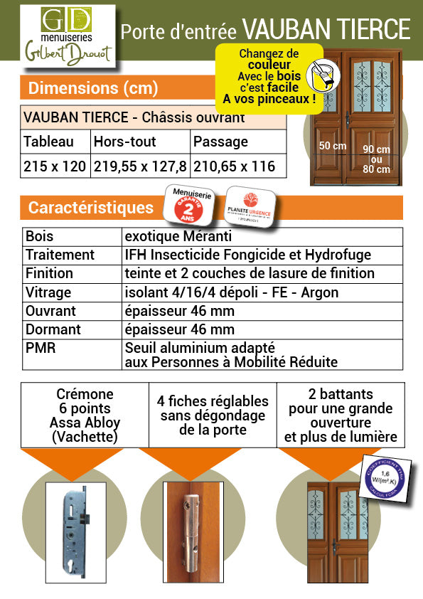 Porta d'ingresso Tiercee in legno smaltato Vauban H215 x L130 p.sinistra + Maniglia E Barile (rif 010403RFP) Tabella Dimensioni senza maniglia