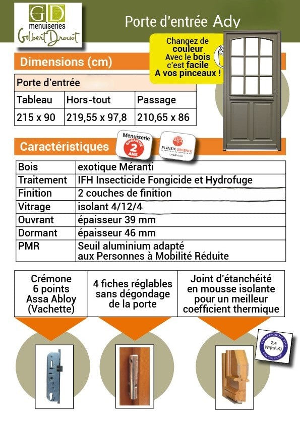 Porta d'ingresso in legno Modello Ady GD MENUISERIES 215X90 Cote Tableau a spinta destra senza maniglia