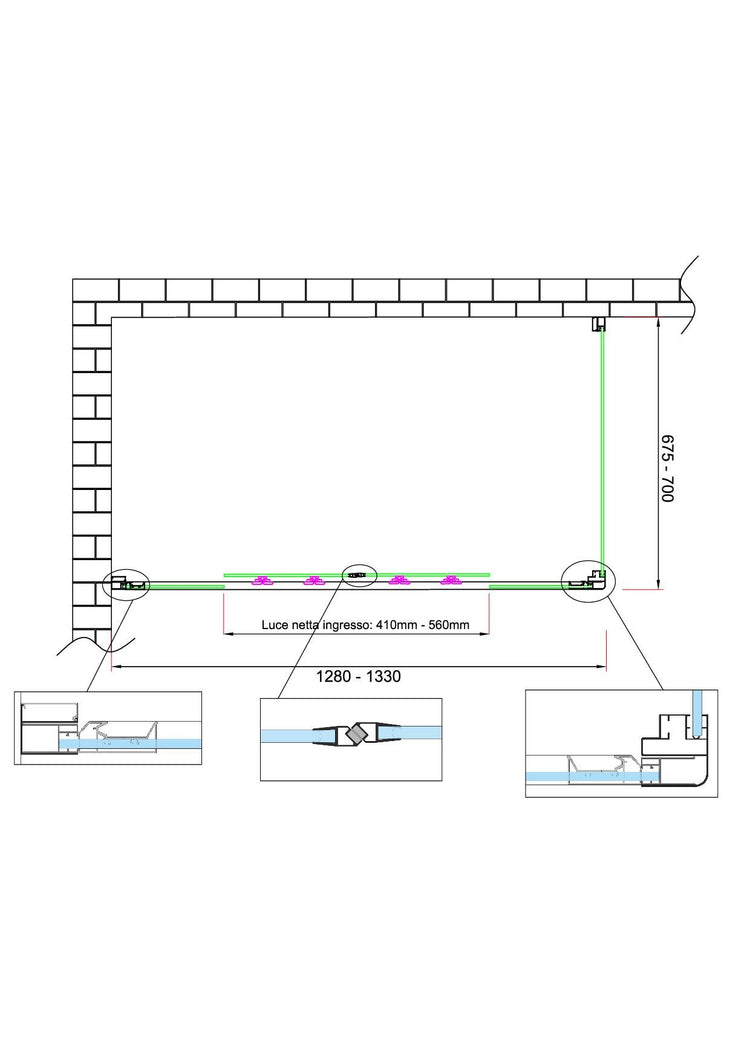 Box doccia 6 mm H 190 parete fissa e porta a 4 ante con apertura centrale MISURA 67,5-70 ANTA FISSA + PORTA 128-133 