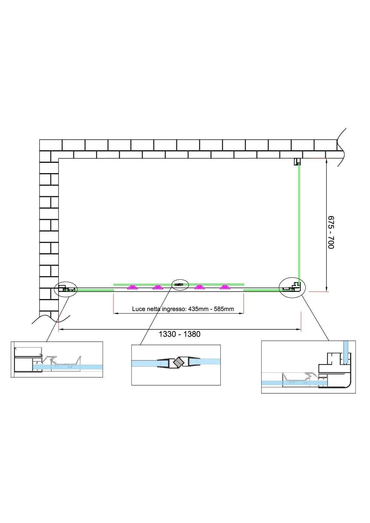 Box doccia 6 mm H 190 parete fissa e porta a 4 ante con apertura centrale MISURA 67,5-70 ANTA FISSA + PORTA 133-138 