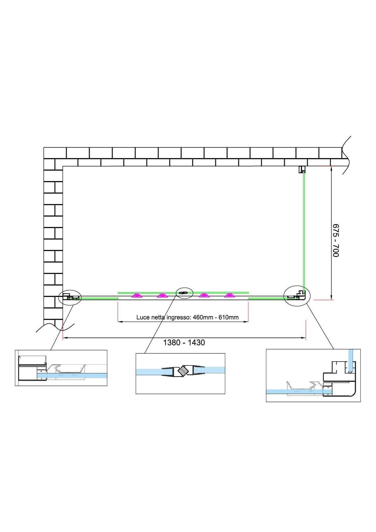 Box doccia 6 mm H 190 parete fissa e porta a 4 ante con apertura centrale MISURA 67,5-70 ANTA FISSA + PORTA 138-143 