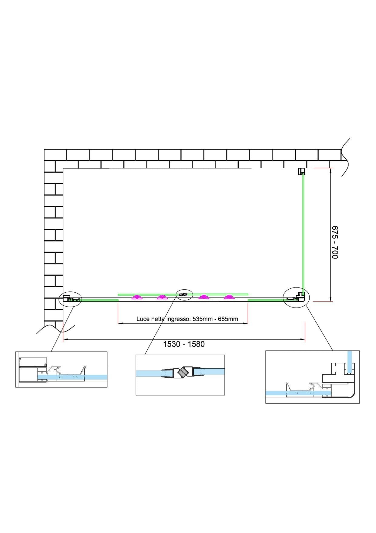 Box doccia 6 mm H 190 parete fissa e porta a 4 ante con apertura centrale MISURA 67,5-70 ANTA FISSA + PORTA 153-158 