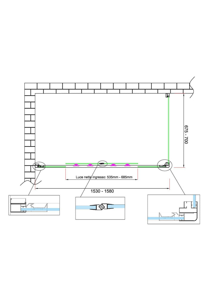 Box doccia 6 mm H 190 parete fissa e porta a 4 ante con apertura centrale MISURA 67,5-70 ANTA FISSA + PORTA 153-158 