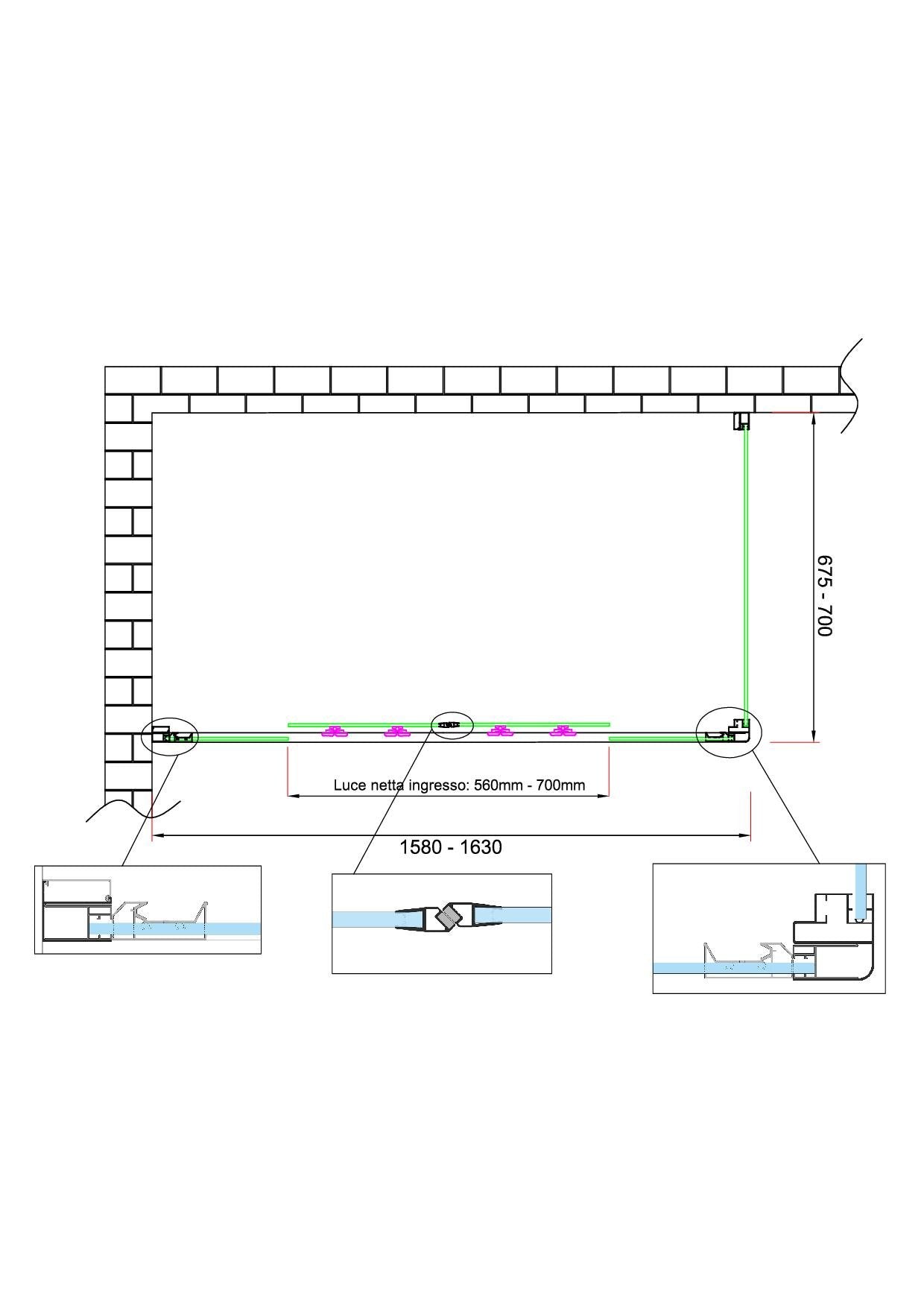 Box doccia 6 mm H 190 parete fissa e porta a 4 ante con apertura centrale MISURA 67,5-70 ANTA FISSA + PORTA 158-163 