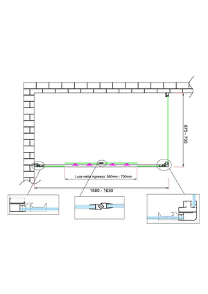 Box doccia 6 mm H 190 parete fissa e porta a 4 ante con apertura centrale MISURA 67,5-70 ANTA FISSA + PORTA 158-163 