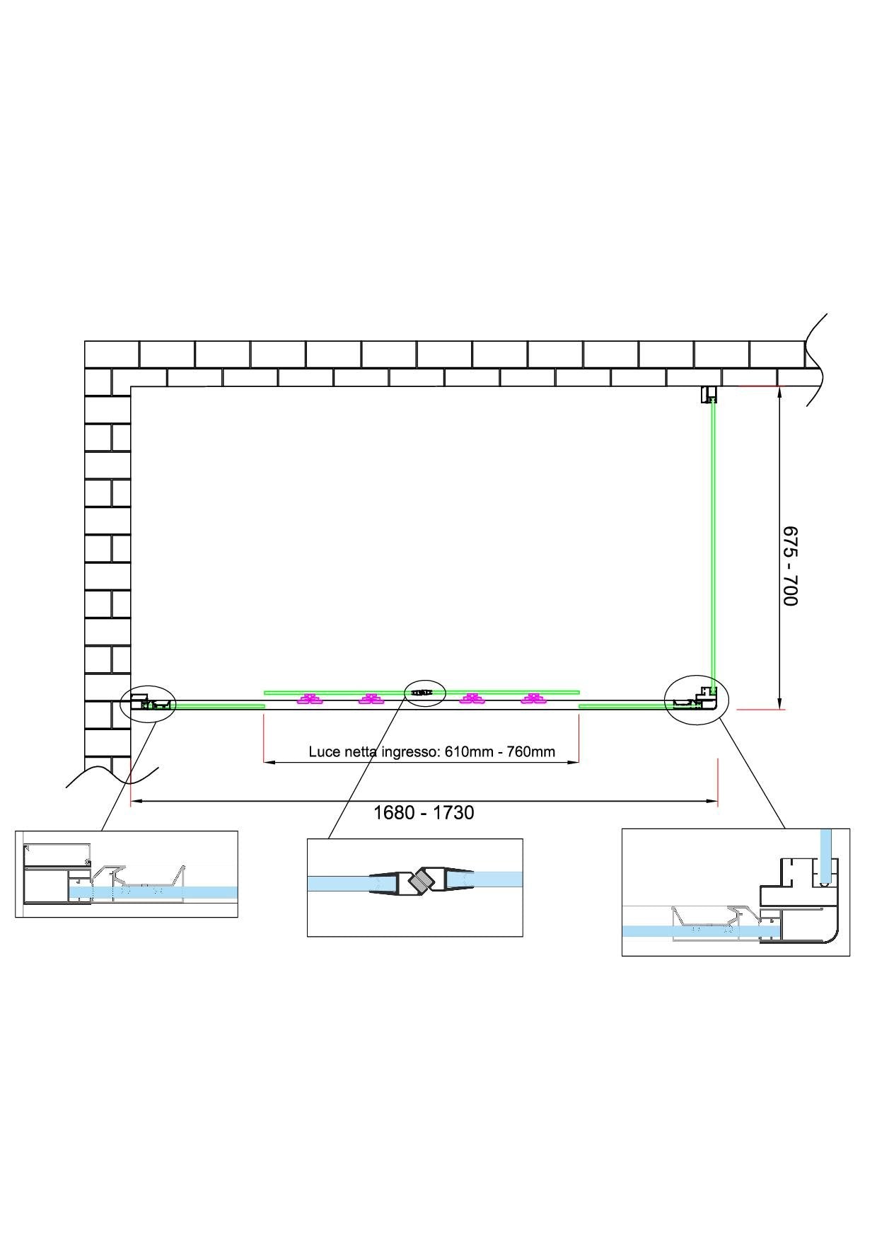 Box doccia 6 mm H 190 parete fissa e porta a 4 ante con apertura centrale MISURA 67,5-70 ANTA FISSA + PORTA 168-173 