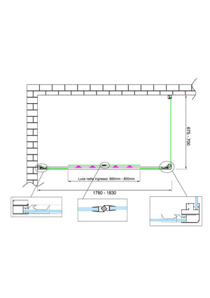 Box doccia 6 mm H 190 parete fissa e porta a 4 ante con apertura centrale MISURA 67,5-70 ANTA FISSA + PORTA 178-183 