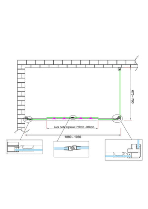 Box doccia 6 mm H 190 parete fissa e porta a 4 ante con apertura centrale MISURA 67,5-70 ANTA FISSA + PORTA 188-193 