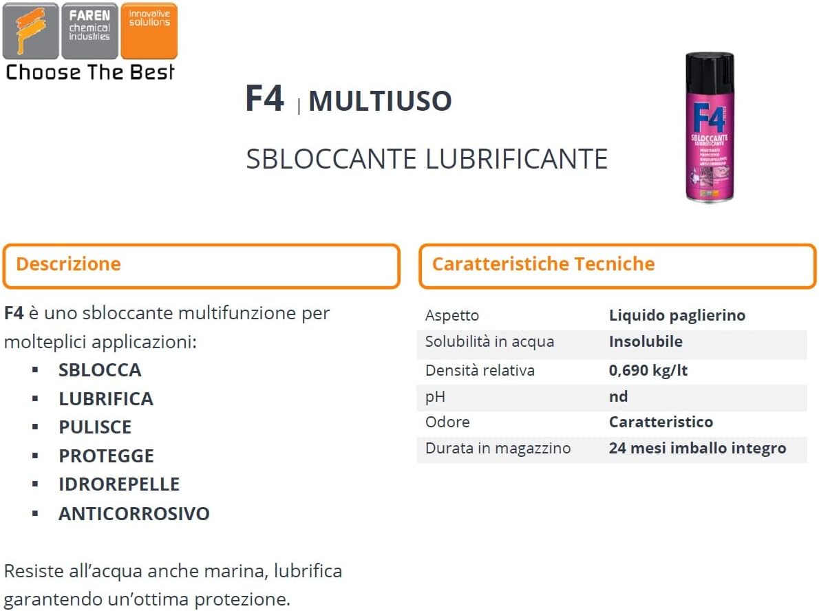 Sbloccante spray F4 Faren 400ml universale lubrificante tipo WD40 svitol pulente