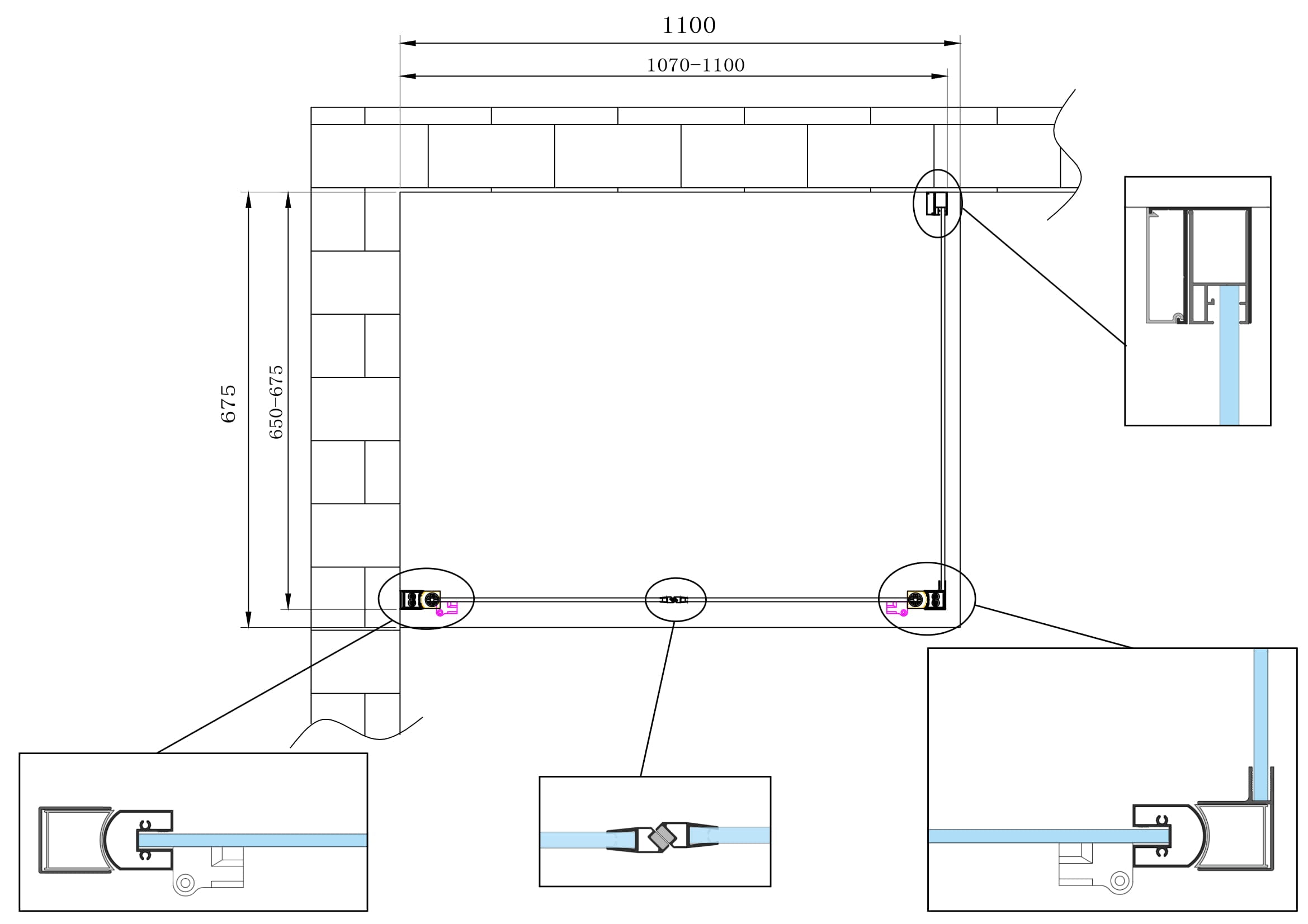 Box doccia angolare parete fissa e porta battente tipo saloon vetro 6 mm reversibile MISURA 65-67,5 ANTA FISSA + PORTE 107-110  