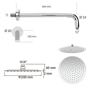 Set doccia tondo Ares con soffione diametro 20 mm, braccio doccia e kit duplex