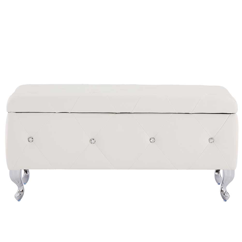 Cassapanca Pouf Contenitore Panca Moderna 96x46 H 43cm con Cristalli Bianco