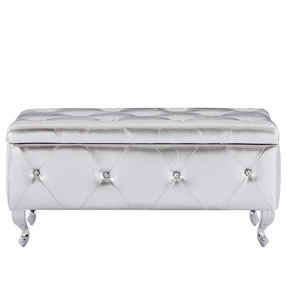 Cassapanca Pouf Contenitore Panca Moderna 96x46 H 43cm con Cristalli Argento