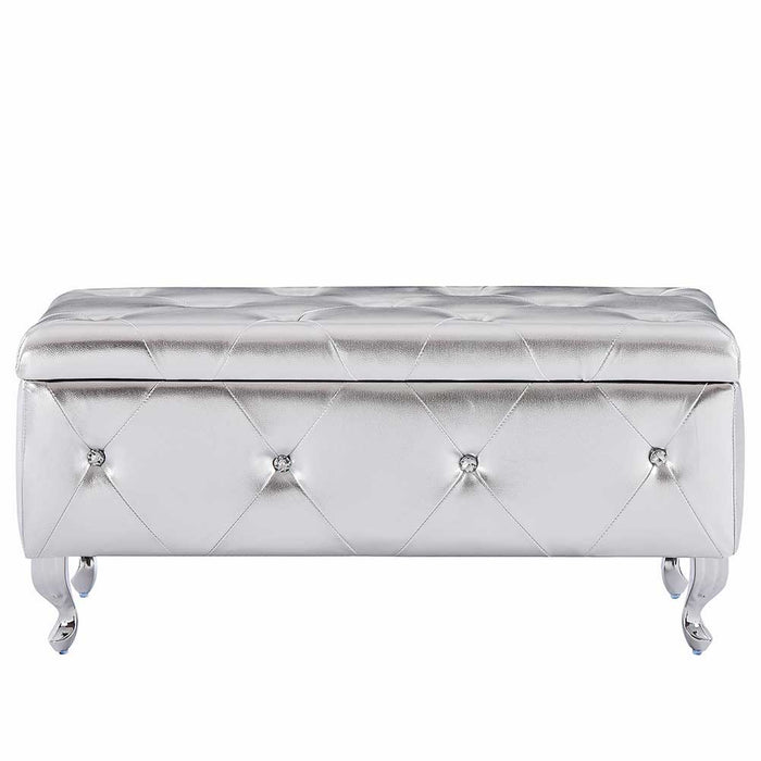 Cassapanca Pouf Contenitore Panca Moderna 96x46 H 43cm con Cristalli Argento