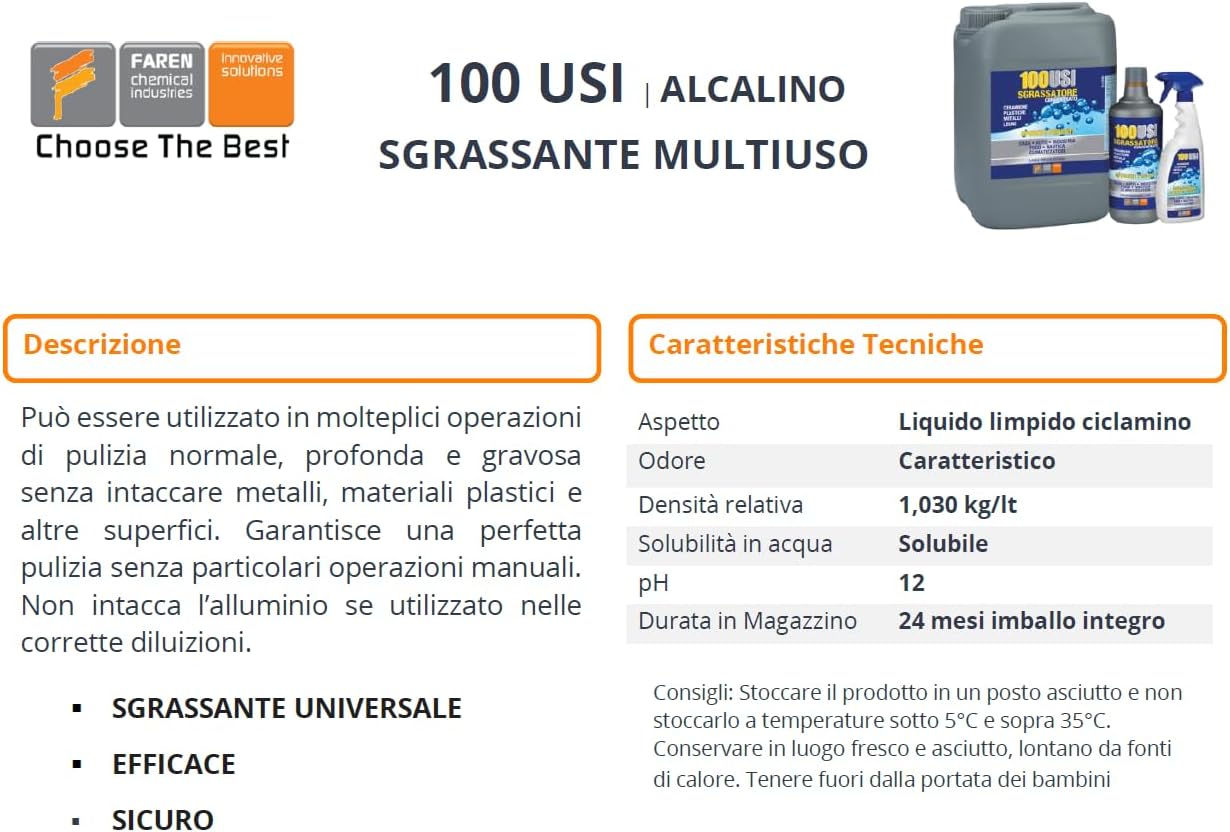 Sgrassatore 100 USI Faren detergente metalli plastica Auto Nautica industria Fai da te multiuso