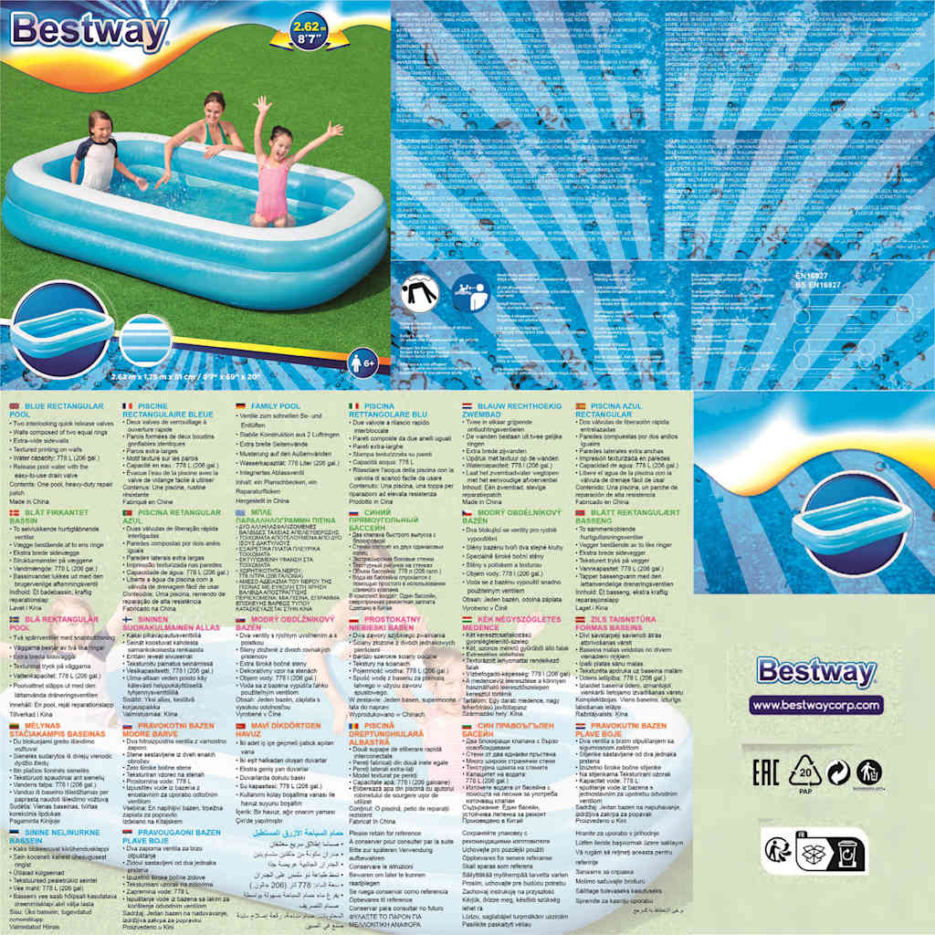 Bestway Piscina Gonfiabile Rettangolare 262x175x51 cm Blu e Bianca 92107